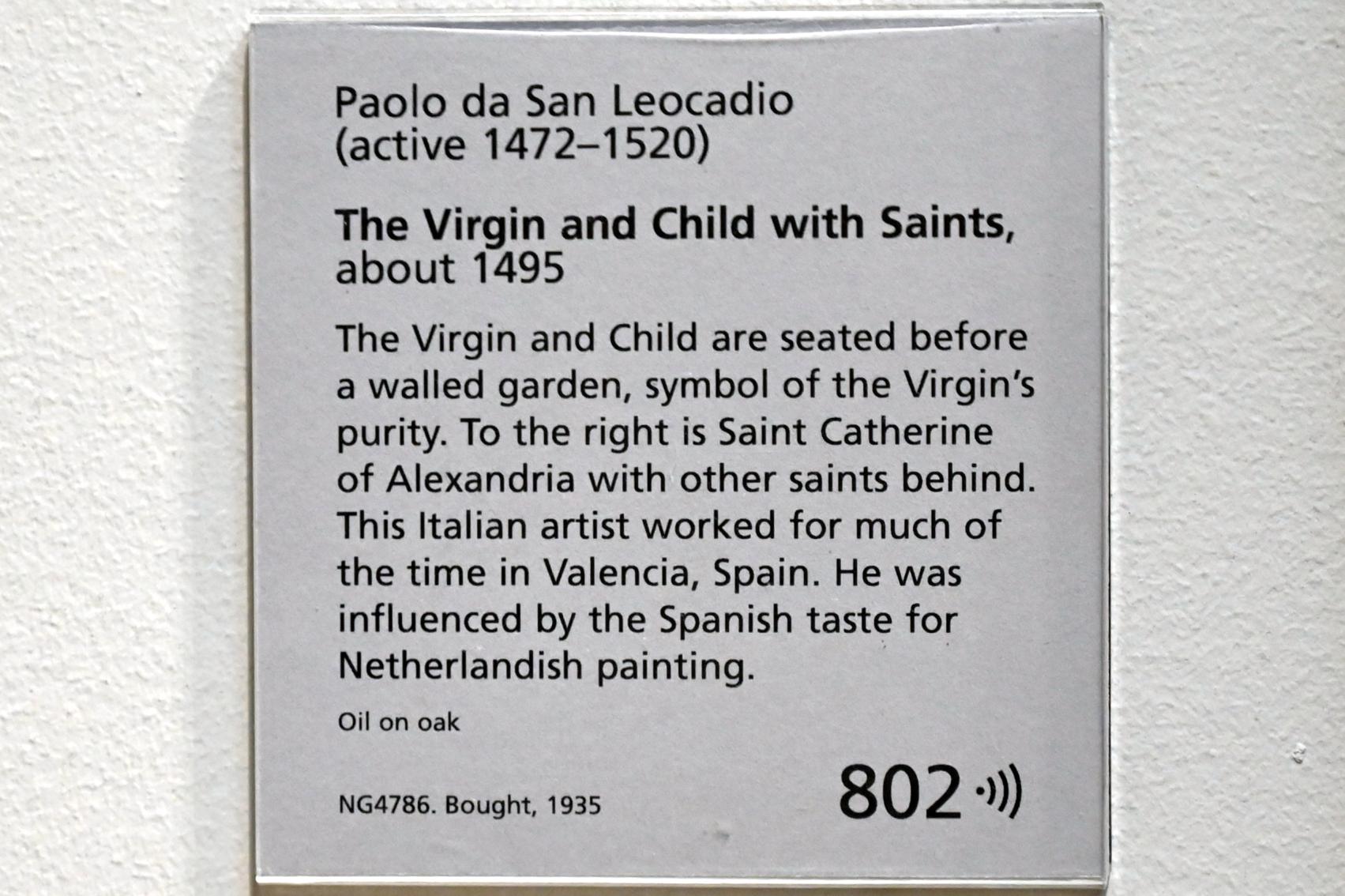 Paolo da San Leocadio (1495), Maria mit Kind und Heiligen, London, National Gallery, Saal 64, um 1495, Bild 2/2