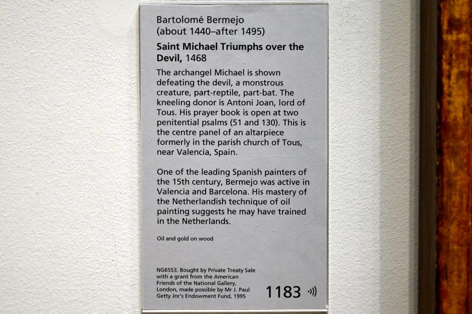 Bartolomé Bermejo (Bartolomé de Cárdenas) (1461–1468), Erzengel Michael im Kampf mit dem Teufel, London, National Gallery, Saal 64, 1468, Bild 2/2