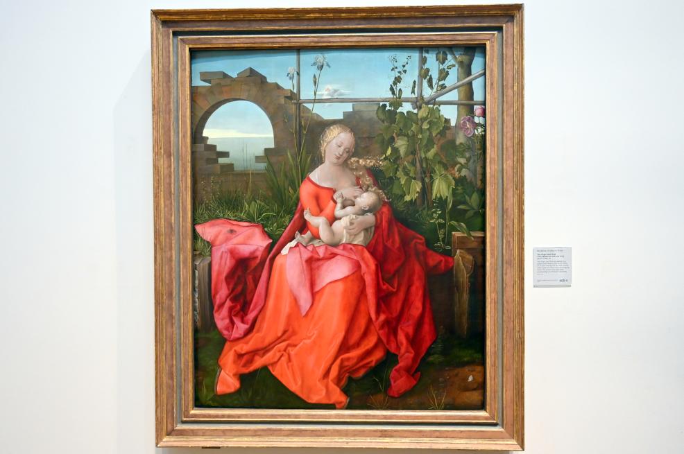 Albrecht Dürer (Werkstatt) (1505): Maria mit Kind in einem Garten ("Madonna mit der Iris"), um 1500–1510