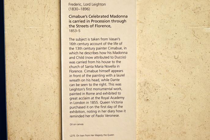 Frederic Leighton, 1. Baron Leighton (1854–1894), Cimabues gefeierte Madonna wird in Prozession durch die Straßen von Florenz getragen, London, National Gallery, Treppenhaus 3, 1853–1855, Bild 2/2