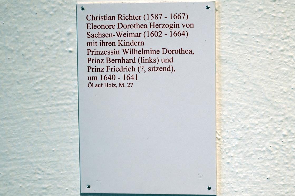 Christian Richter (1634–1640), Eleonore Dorothea Herzogin von Sachsen-Weimar (1602-1664) mit ihren Kindern Prinzessin Wilhelmine Dorothea, Prinz Bernhard (links) und Prinz Friedrich (?, sitzend), Coburg, Kunstsammlungen der Veste Coburg, Altdeutsche Malerei, um 1640–1641, Bild 2/2