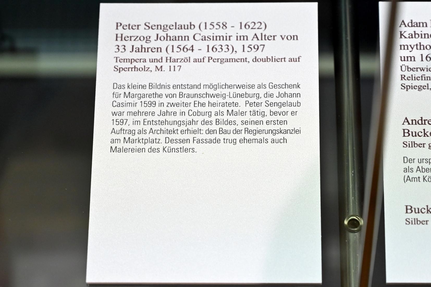 Peter Sengelaub (1597), Herzog Johann Casimir im Alter von 33 Jahren (1564-1633), Coburg, Kunstsammlungen der Veste Coburg, Altdeutsche Malerei, 1597, Bild 2/2