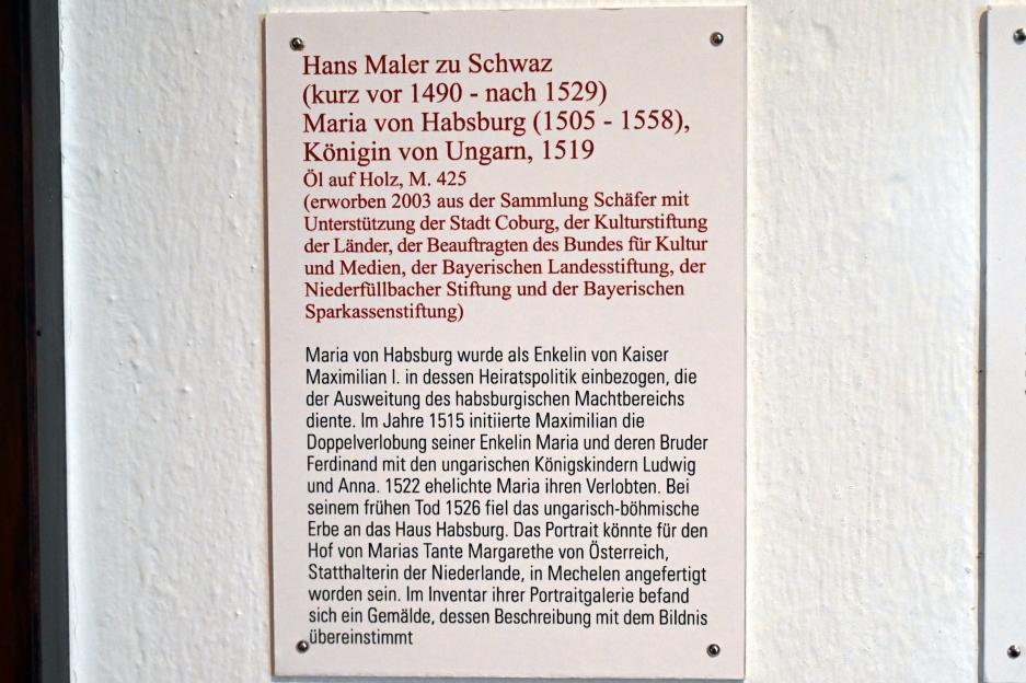 Hans Maler zu Schwaz (1512–1529), Maria von Habsburg (1505-1558), Königin von Ungarn, Coburg, Kunstsammlungen der Veste Coburg, Altdeutsche Malerei, 1519, Bild 2/2