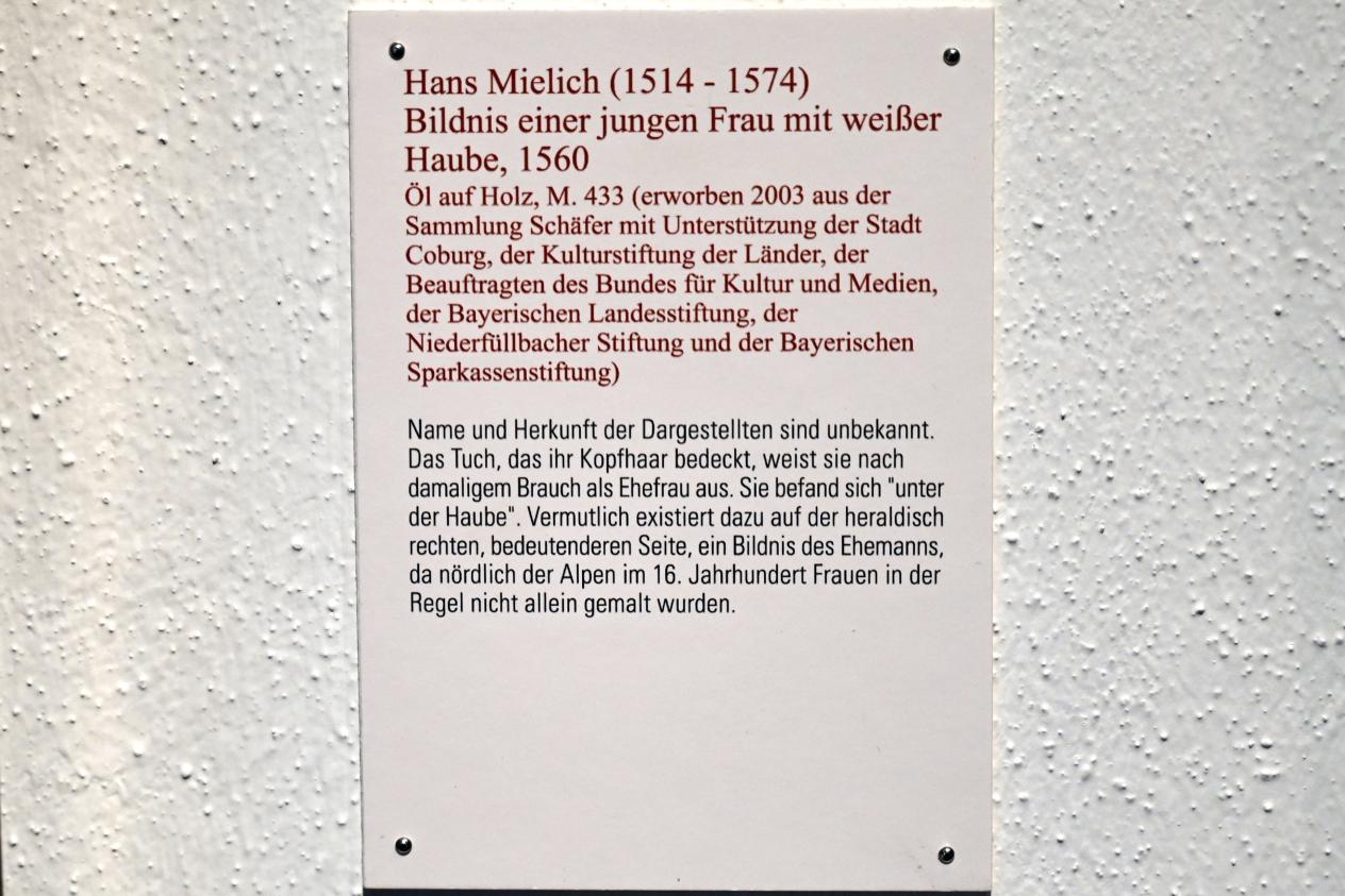 Hans Mielich (1540–1560), Bildnis einer jungen Frau mit weißer Haube, Coburg, Kunstsammlungen der Veste Coburg, Altdeutsche Malerei, 1560, Bild 2/2