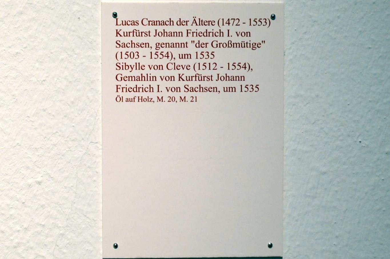 Lucas Cranach der Ältere (1502–1550), Sibylle von Cleve (1512-1554), Gemahlin von Kurfürst Johann Friedrich I. von Sachsen, Coburg, Kunstsammlungen der Veste Coburg, Altdeutsche Malerei, um 1535, Bild 2/2