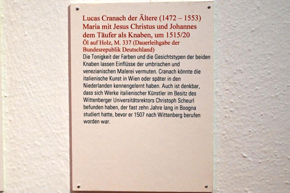 Lucas Cranach der Ältere (1502–1550), Maria mit Jesus Christus und Johannes dem Täufer als Knaben, Coburg, Kunstsammlungen der Veste Coburg, Altdeutsche Malerei, um 1515–1520, Bild 2/2