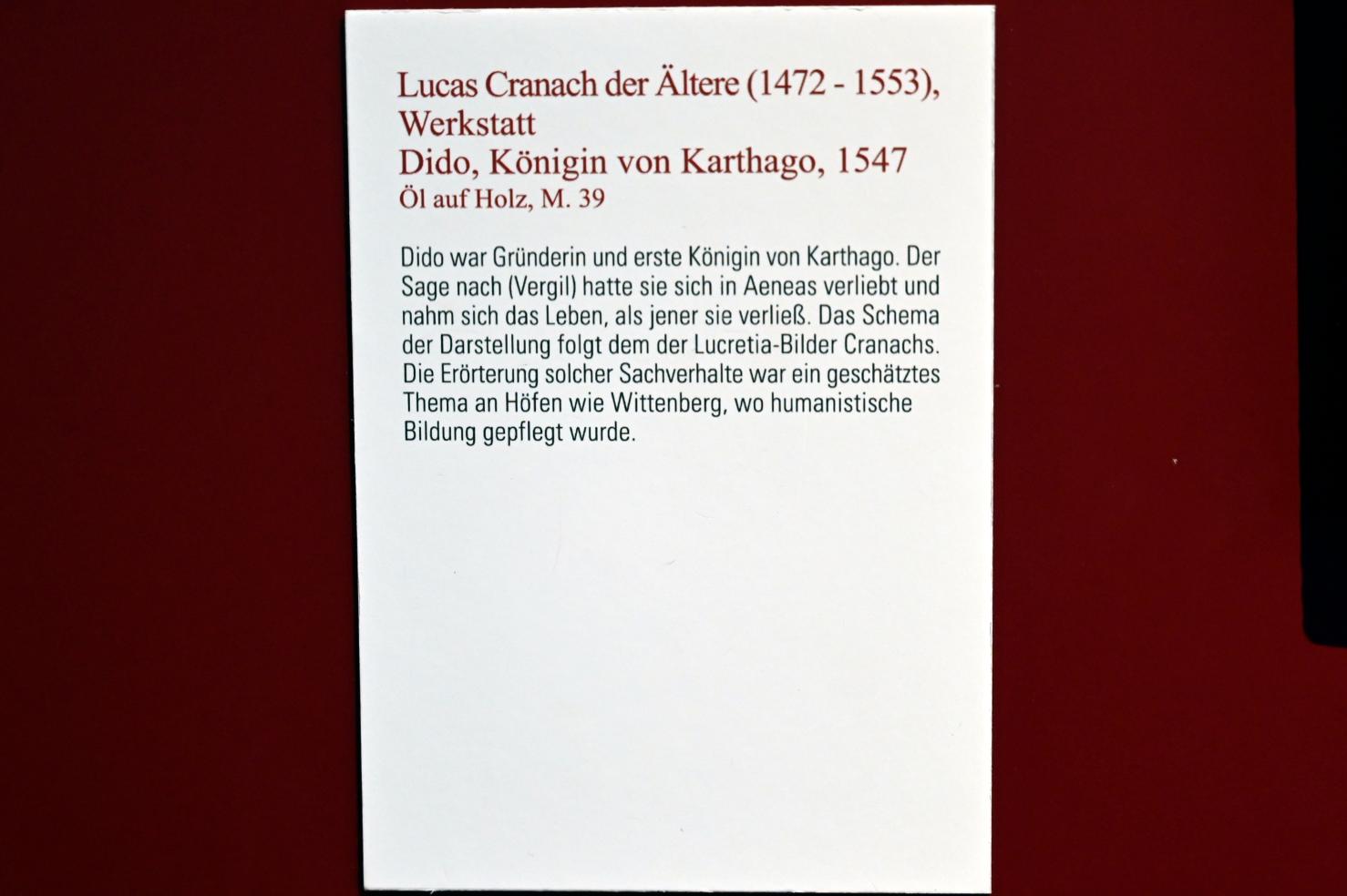 Lucas Cranach der Ältere (Werkstatt) (1515–1550), Dido, Königin von Karthago, Coburg, Kunstsammlungen der Veste Coburg, Altdeutsche Malerei, 1547, Bild 2/2