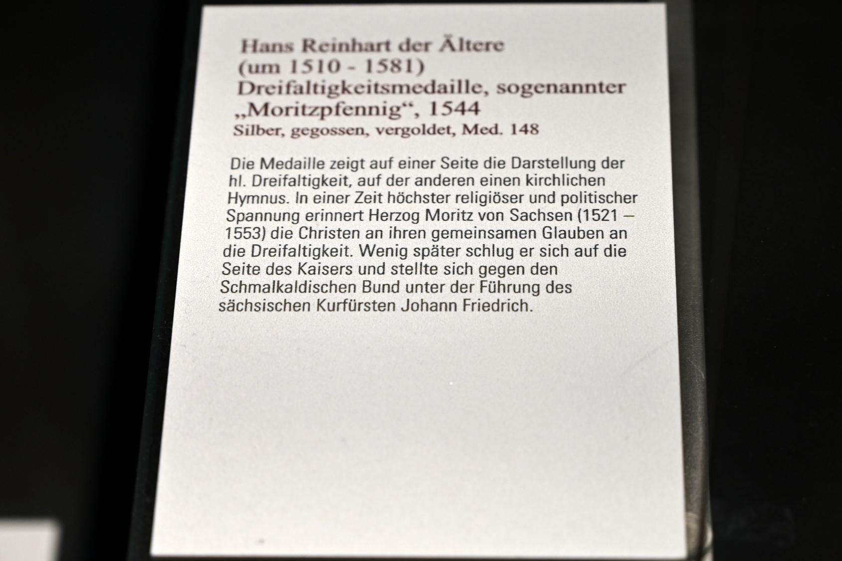 Hans Reinhart der Ältere (1544), Dreifaltigkeitsmedaille, sogenannter "Moritzpfennig", Coburg, Kunstsammlungen der Veste Coburg, Altdeutsche Malerei, 1544, Bild 2/2