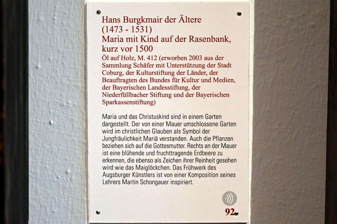 Hans Burgkmair der Ältere (1490–1529), Maria mit Kind auf der Rasenbank, Coburg, Kunstsammlungen der Veste Coburg, Altdeutsche Malerei, vor 1500, Bild 2/2