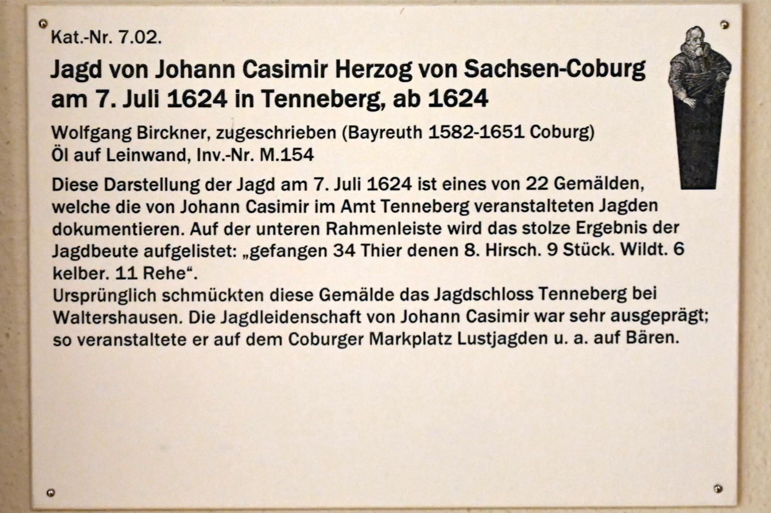 Wolfgang Birckner (1620–1625), Jagd von Johann Casimir Herzog von Sachsen-Coburg am 7. Juli 1624 in Tenneberg, Waltershausen, Schloss Tenneberg, jetzt Coburg, Kunstsammlungen der Veste Coburg, Jagdwaffen, nach 1624, Bild 2/2