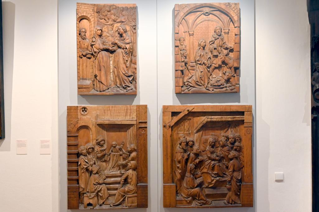 Acht Reliefs eines Altarretabels aus dem ehemaligen Kloster Mönchröden mit Darstellungen aus dem Marienleben, Rödental, Kloster Mönchröden, jetzt Coburg, Kunstsammlungen der Veste Coburg, Treppenhaus 2, um 1511–1520