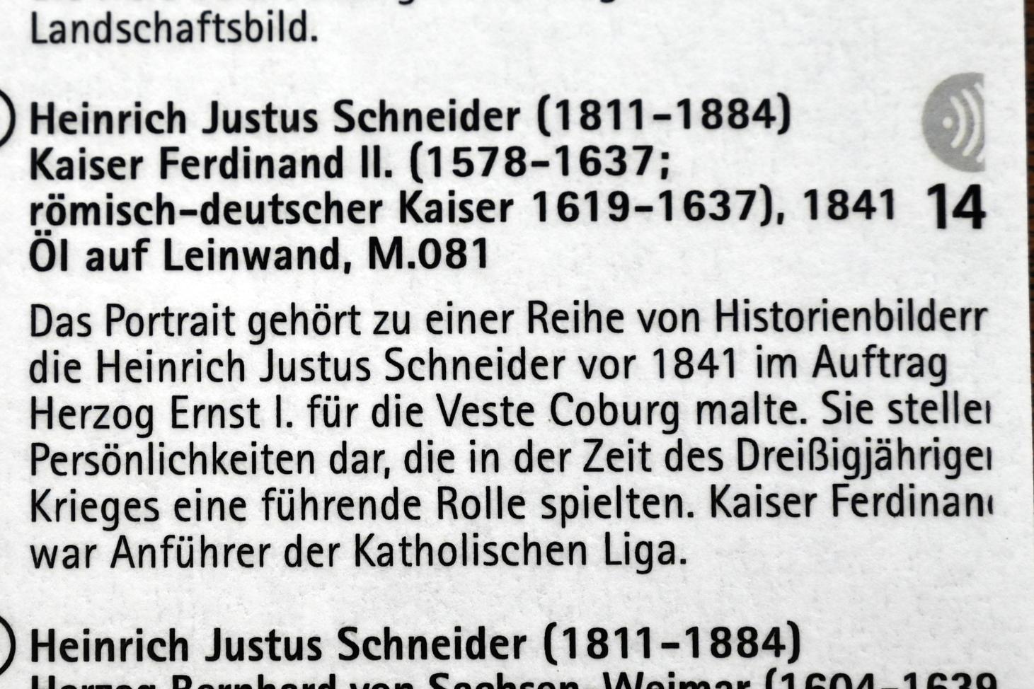 Heinrich Justus Schneider (1841), Kaiser Ferdinand II. (1578-1637; römisch-deutscher Kaiser 1619-1637), Coburg, Kunstsammlungen der Veste Coburg, Rauchzimmer, 1841, Bild 2/2