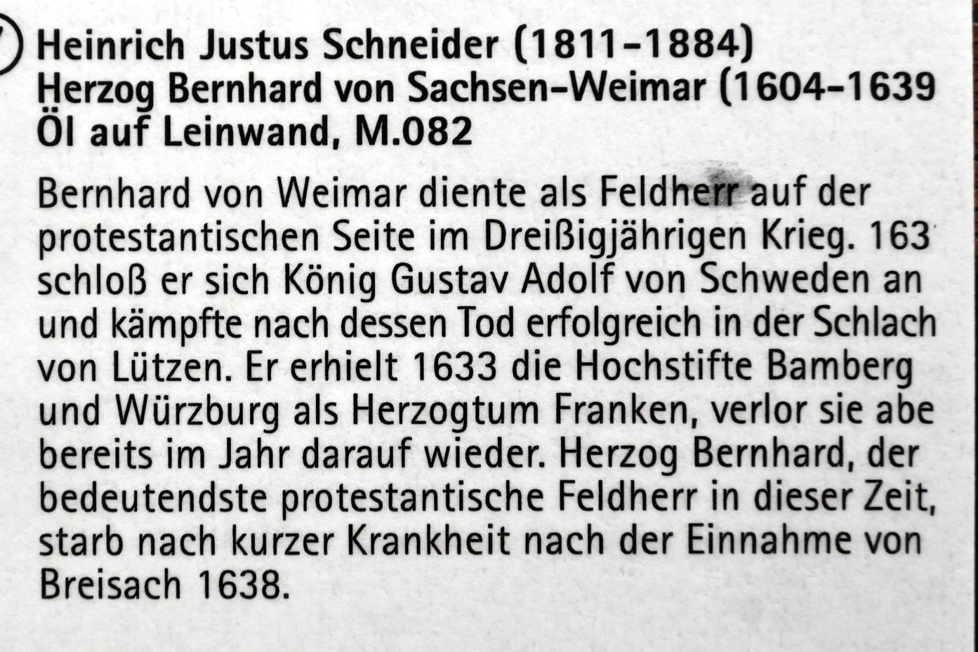 Heinrich Justus Schneider (1841), Herzog Bernhard von Sachsen-Weimar (1604-1639), Coburg, Kunstsammlungen der Veste Coburg, Rauchzimmer, 1841, Bild 2/2