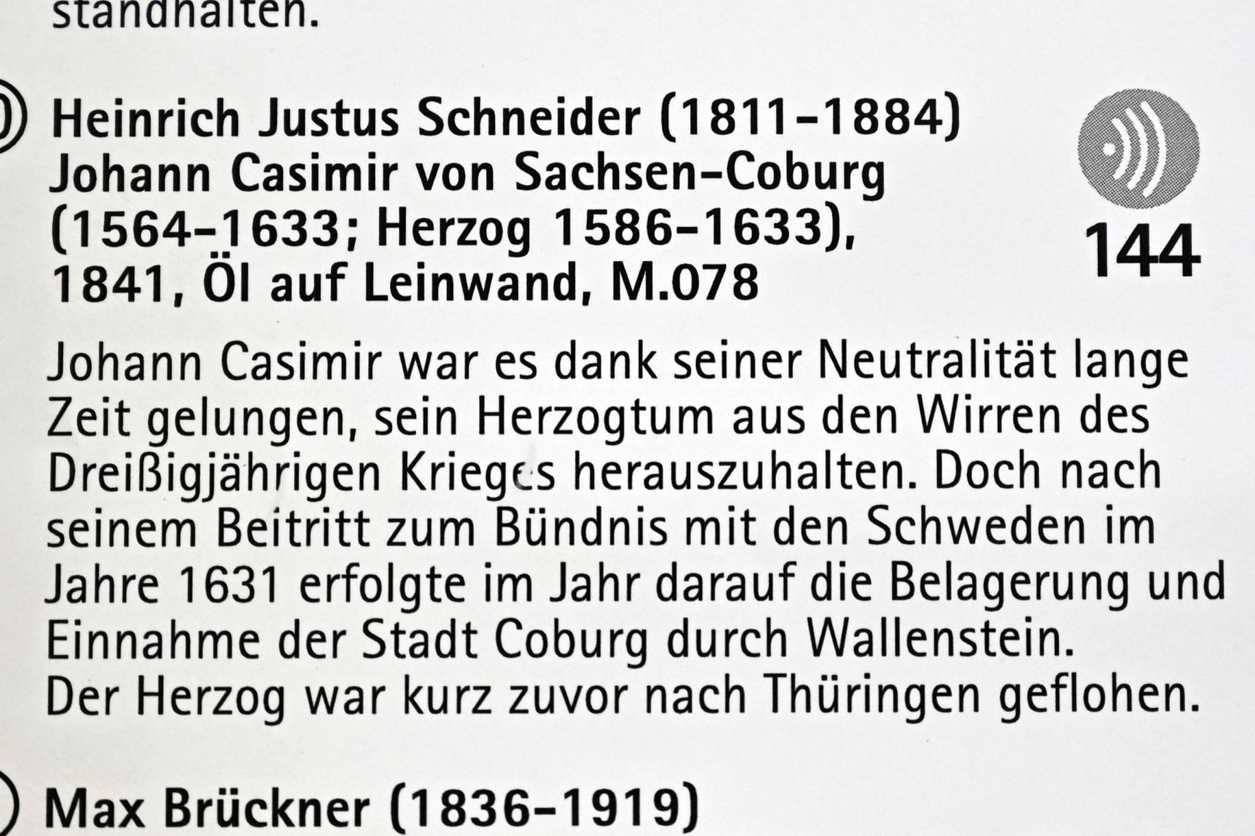 Heinrich Justus Schneider (1841), Johann Casimir von Sachsen-Coburg (1564-1633; Herzog 1586-1633), Coburg, Kunstsammlungen der Veste Coburg, Rauchzimmer, 1841, Bild 2/2