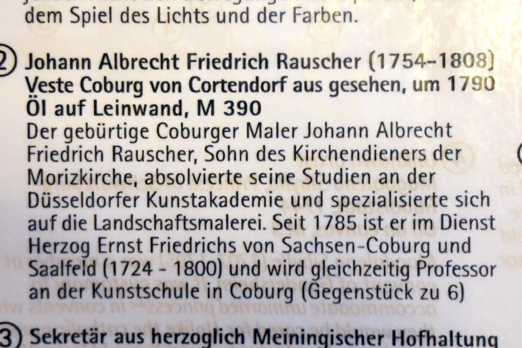 Johann Albrecht Friedrich Rauscher (1790), Veste Coburg von Cortendorf aus gesehen, Coburg, Kunstsammlungen der Veste Coburg, Salon der Herzogin, um 1790, Bild 2/2