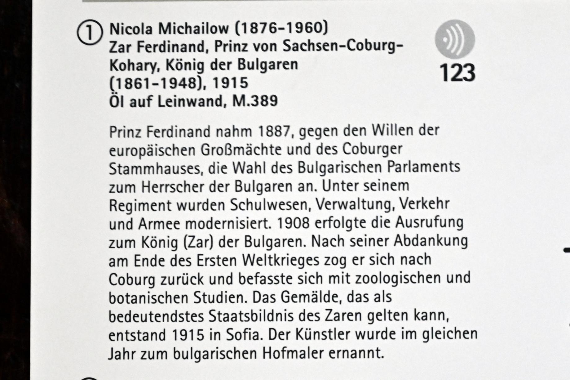 Nicola Michailow (1915), Zar Ferdinand, Prinz von Sachsen-Coburg-Kohary, König der Bulgaren (1861-1948), Coburg, Kunstsammlungen der Veste Coburg, Ankleidezimmer, 1915, Bild 2/2