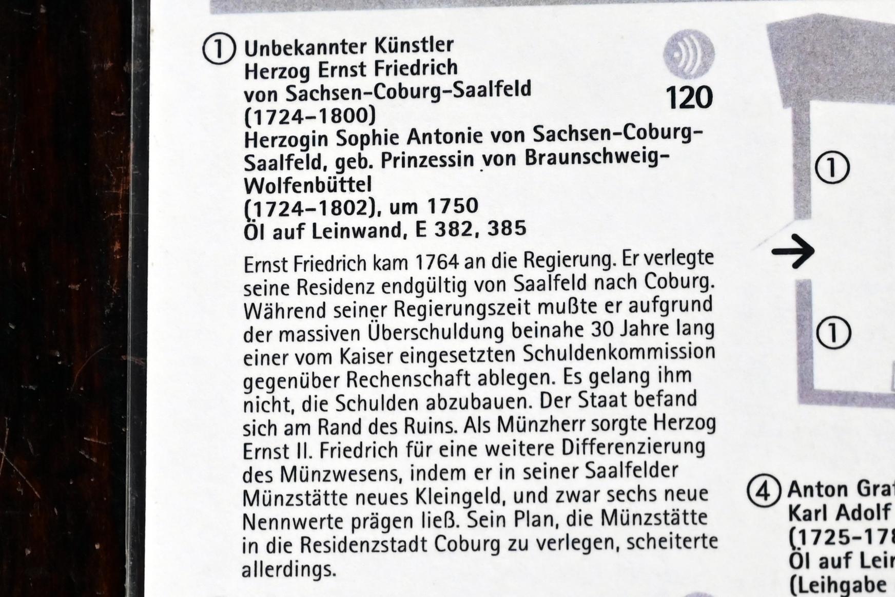 Herzogin Sophie Antonie von Sachsen-Coburg-Saalfeld, geb. Prinzessin von Braunschweig-Wolfenbüttel (1724-1802), Coburg, Kunstsammlungen der Veste Coburg, Gästeschlafzimmer, um 1750, Bild 2/2