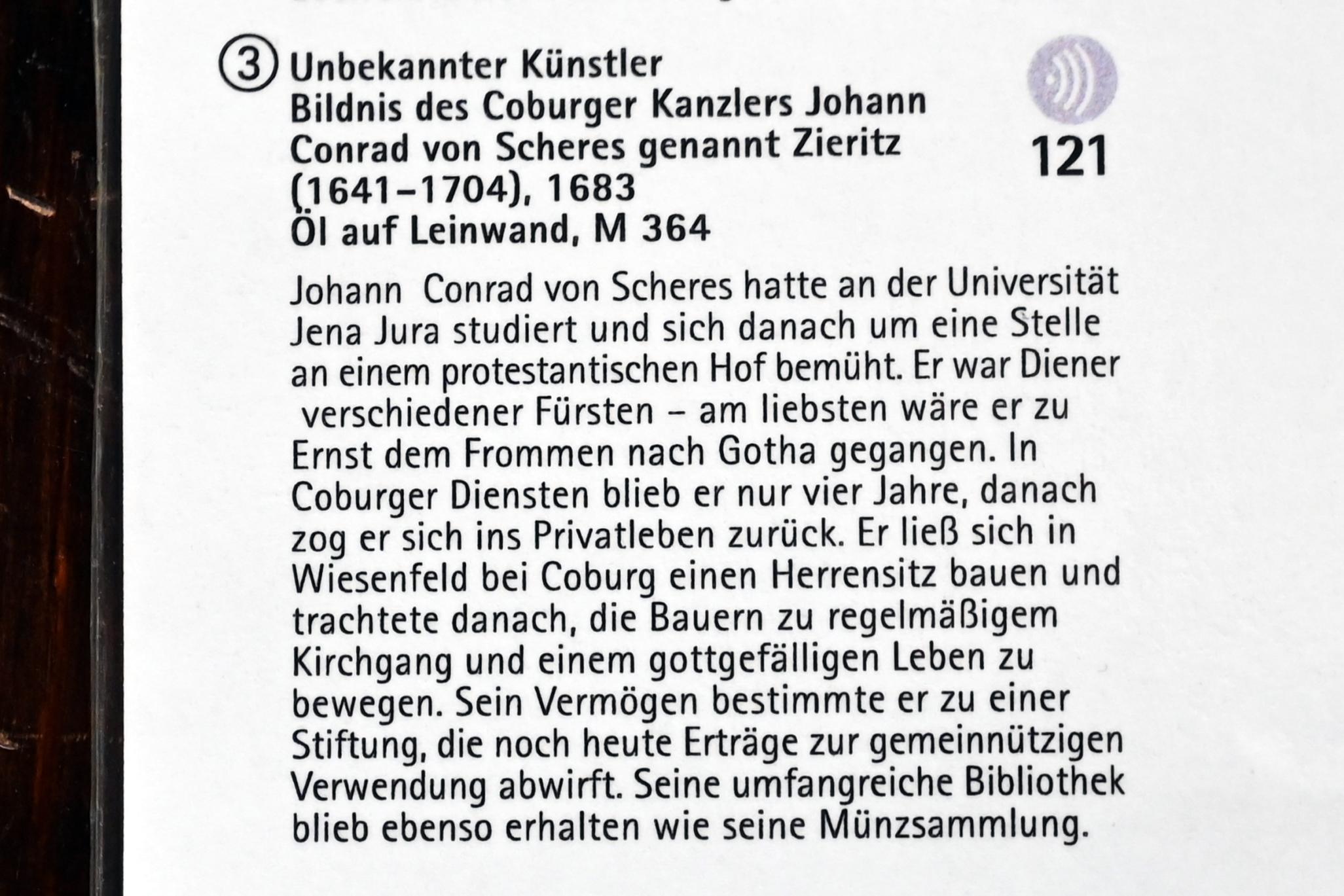 Bildnis des Coburger Kanzlers Johann Conrad von Scheres genannt Zieritz (1641-1704), Coburg, Kunstsammlungen der Veste Coburg, Gästeschlafzimmer, 1683, Bild 2/2