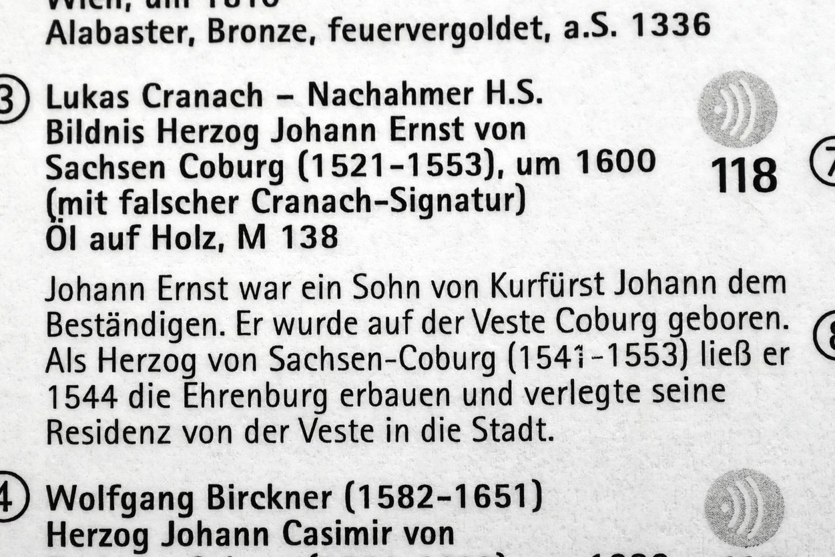 Bildnis Herzog Johann Ernst von Sachsen-Coburg (1521-1553), Coburg, Kunstsammlungen der Veste Coburg, Gästezimmer, um 1600, Bild 2/2