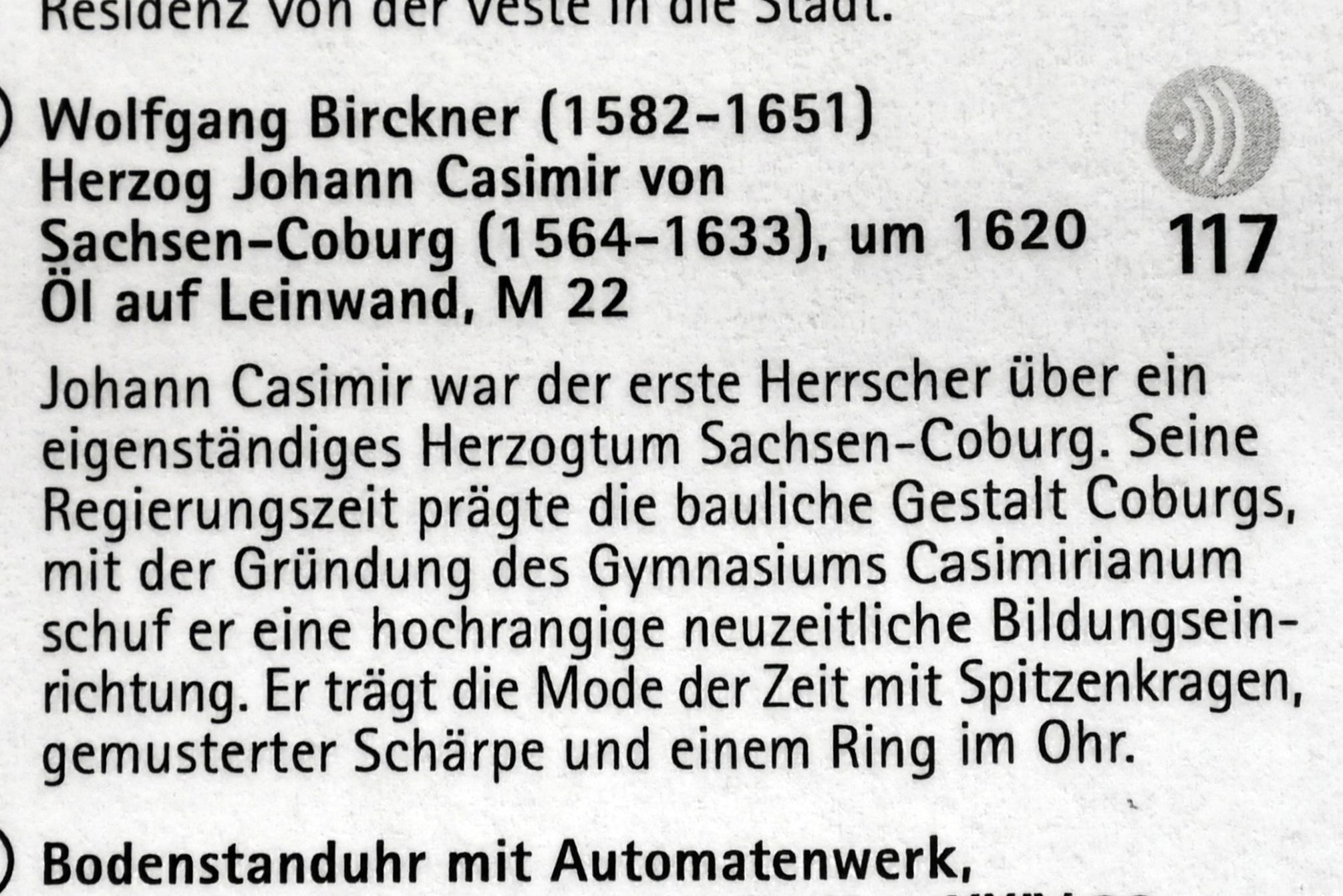 Wolfgang Birckner (1620–1625), Herzog Johann Casimir von Sachsen-Coburg (1564-1633), Coburg, Kunstsammlungen der Veste Coburg, Gästezimmer, um 1620, Bild 2/2