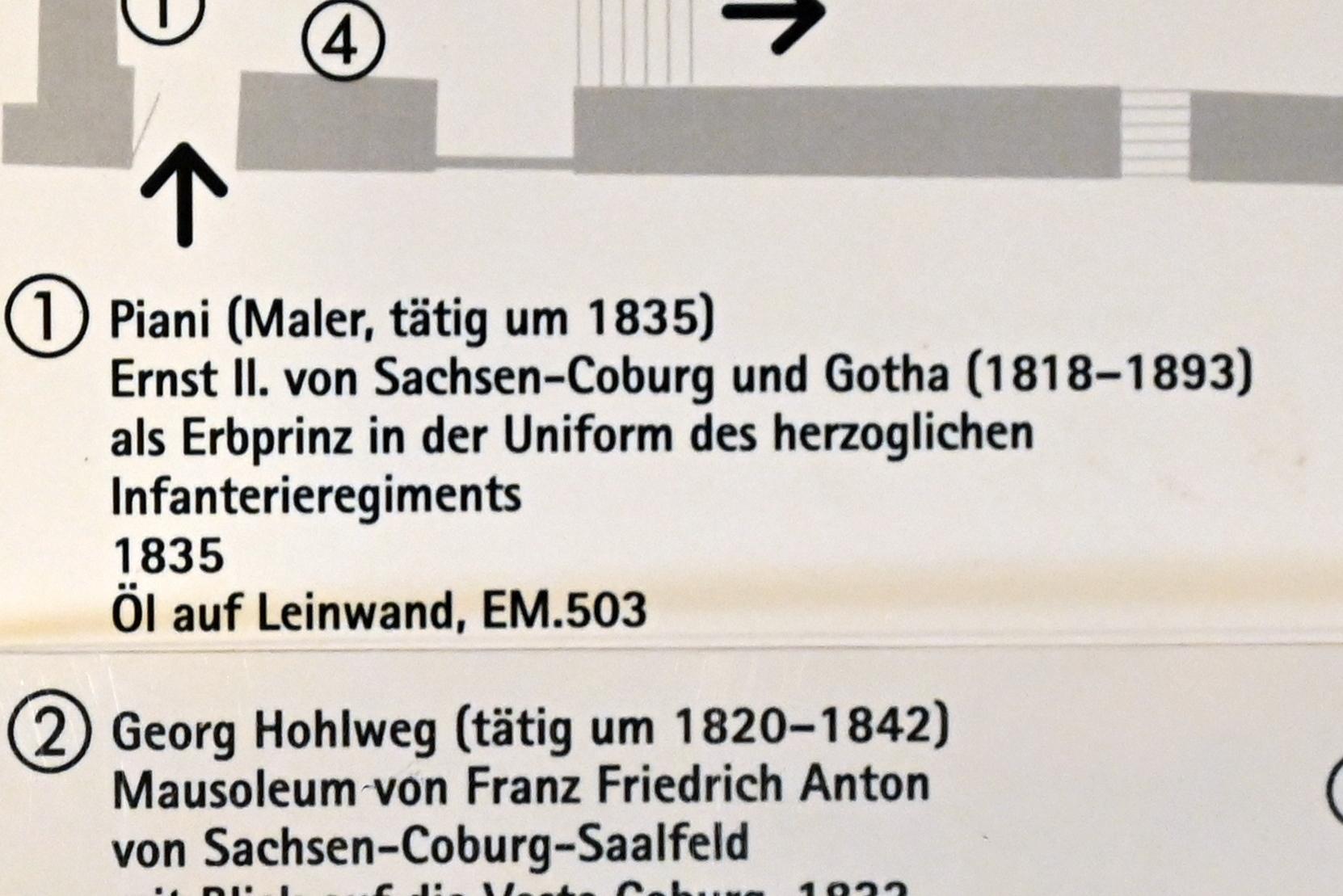 Piani (1835), Ernst II. von Sachsen-Coburg und Gotha (1818-1893) als Erbprinz in der Uniform des herzoglichen Infanterieregiments, Coburg, Kunstsammlungen der Veste Coburg, Fremdenkorridor, 1835, Bild 2/2