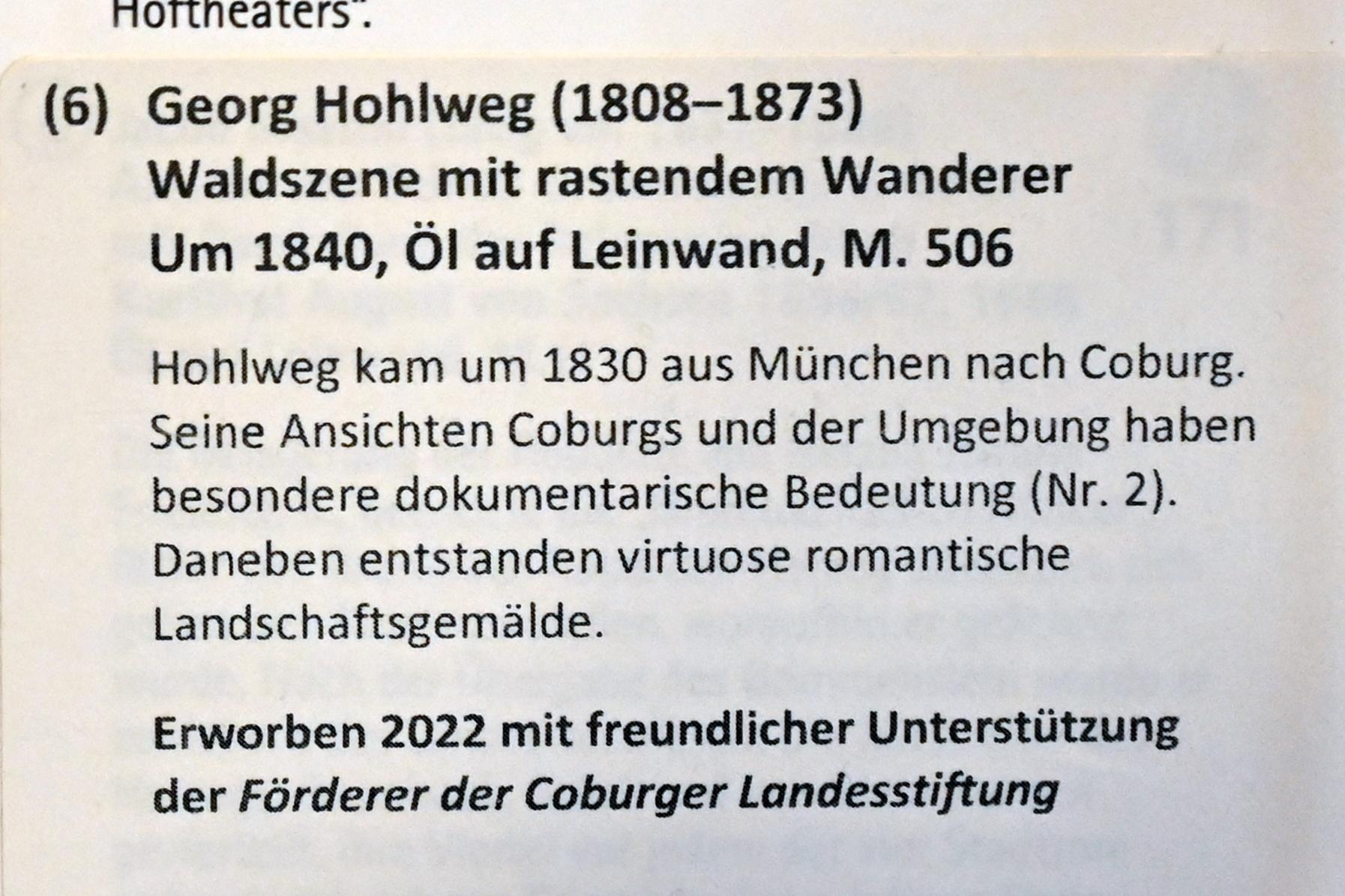 Georg Hohlweg (1832–1840), Waldszene mit rastendem Wanderer, Coburg, Kunstsammlungen der Veste Coburg, Fremdenkorridor, um 1840, Bild 2/2