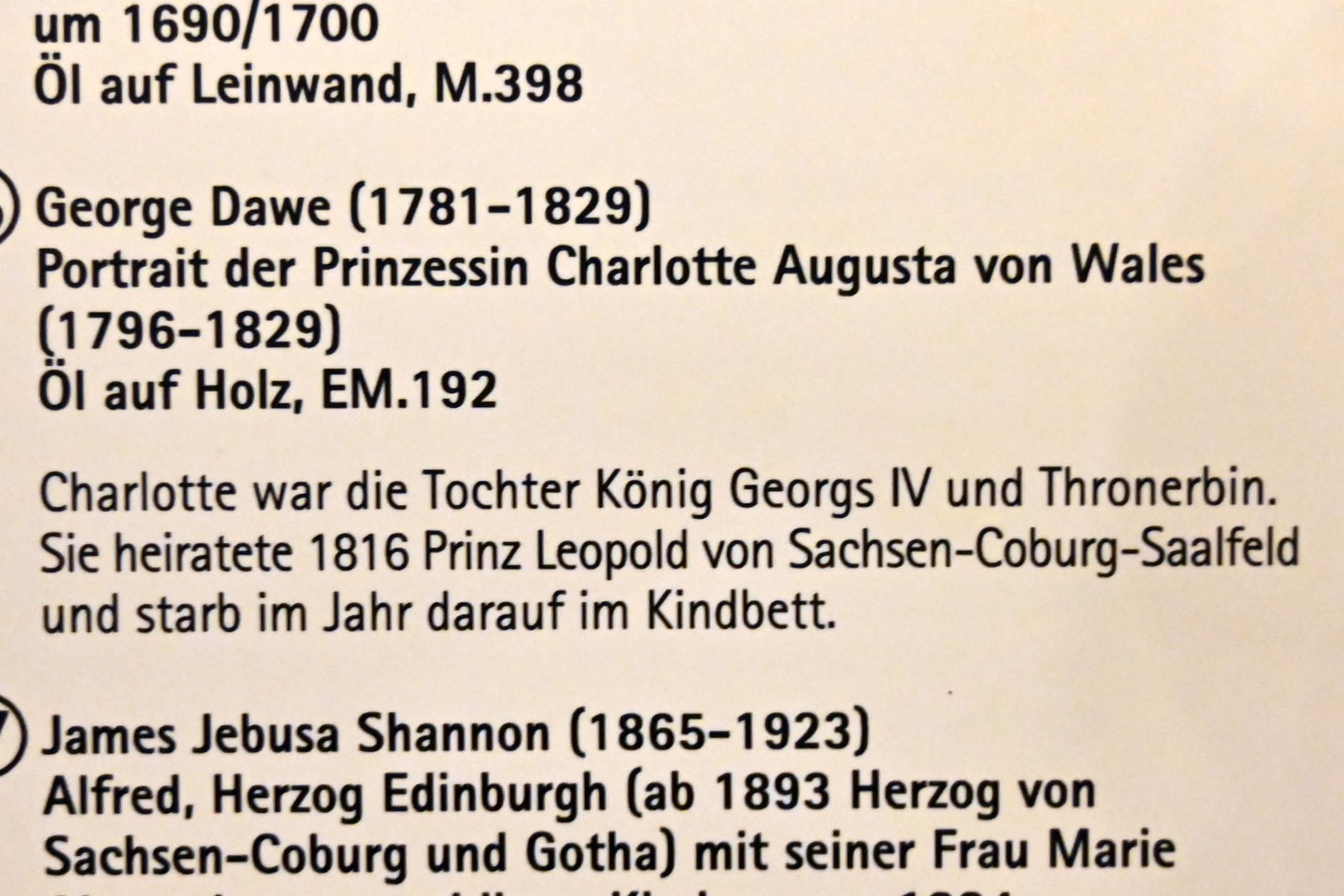 George Dawe (1817), Portrait der Prinzessin Charlotte Augusta von Wales (1796-1829), Coburg, Kunstsammlungen der Veste Coburg, Fremdenkorridor, 1817, Bild 2/2