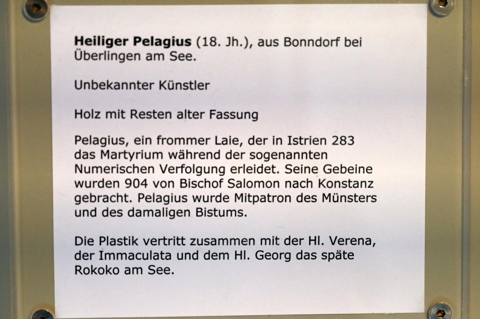 Heiliger Pelagius, Bonndorf (Überlingen), Kirche St. Pelagius, jetzt Überlingen, Städtisches Museum, Kleiner Barocksaal, 18. Jhd., Bild 4/4