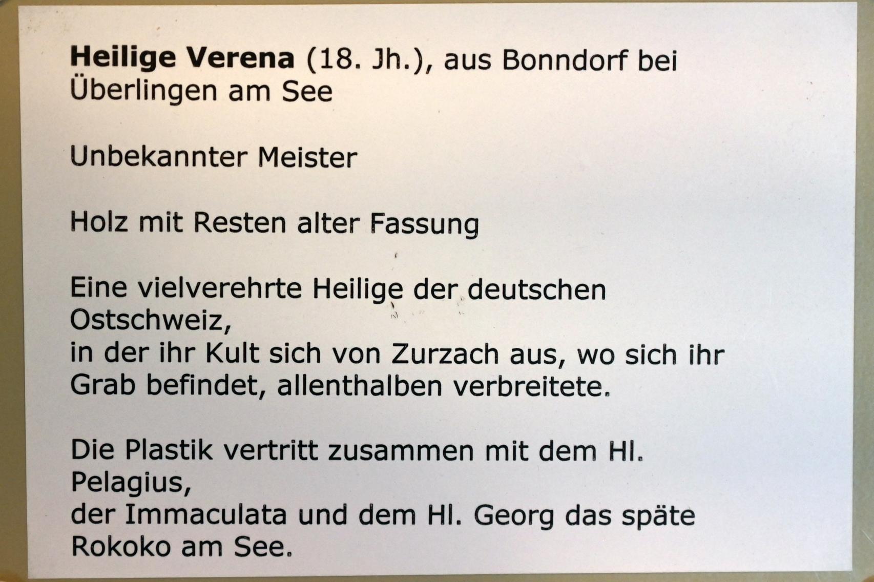 Heilige Verena, Bonndorf (Überlingen), Kirche St. Pelagius, jetzt Überlingen, Städtisches Museum, Kleiner Barocksaal, 18. Jhd., Bild 3/3