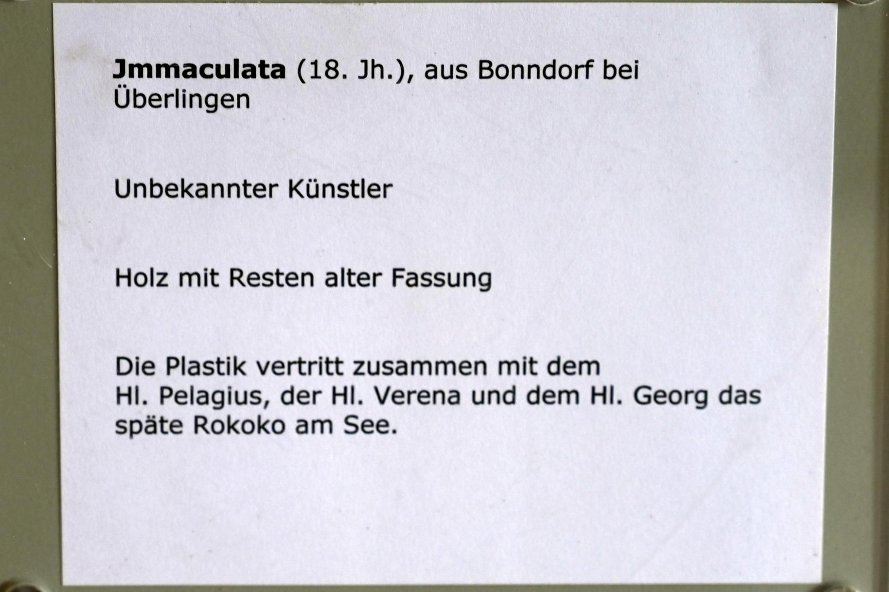 Immaculata, Bonndorf (Überlingen), Kirche St. Pelagius, jetzt Überlingen, Städtisches Museum, Kleiner Barocksaal, 18. Jhd., Bild 3/3