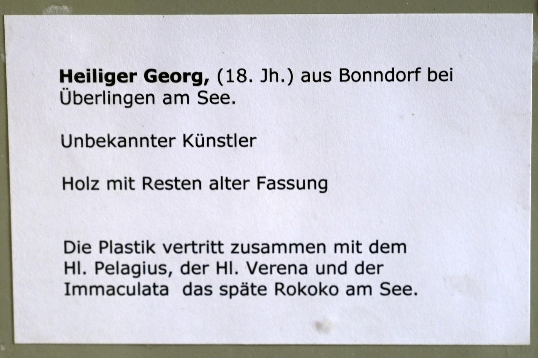 Heiliger Georg, Bonndorf (Überlingen), Kirche St. Pelagius, jetzt Überlingen, Städtisches Museum, Kleiner Barocksaal, 18. Jhd., Bild 5/5