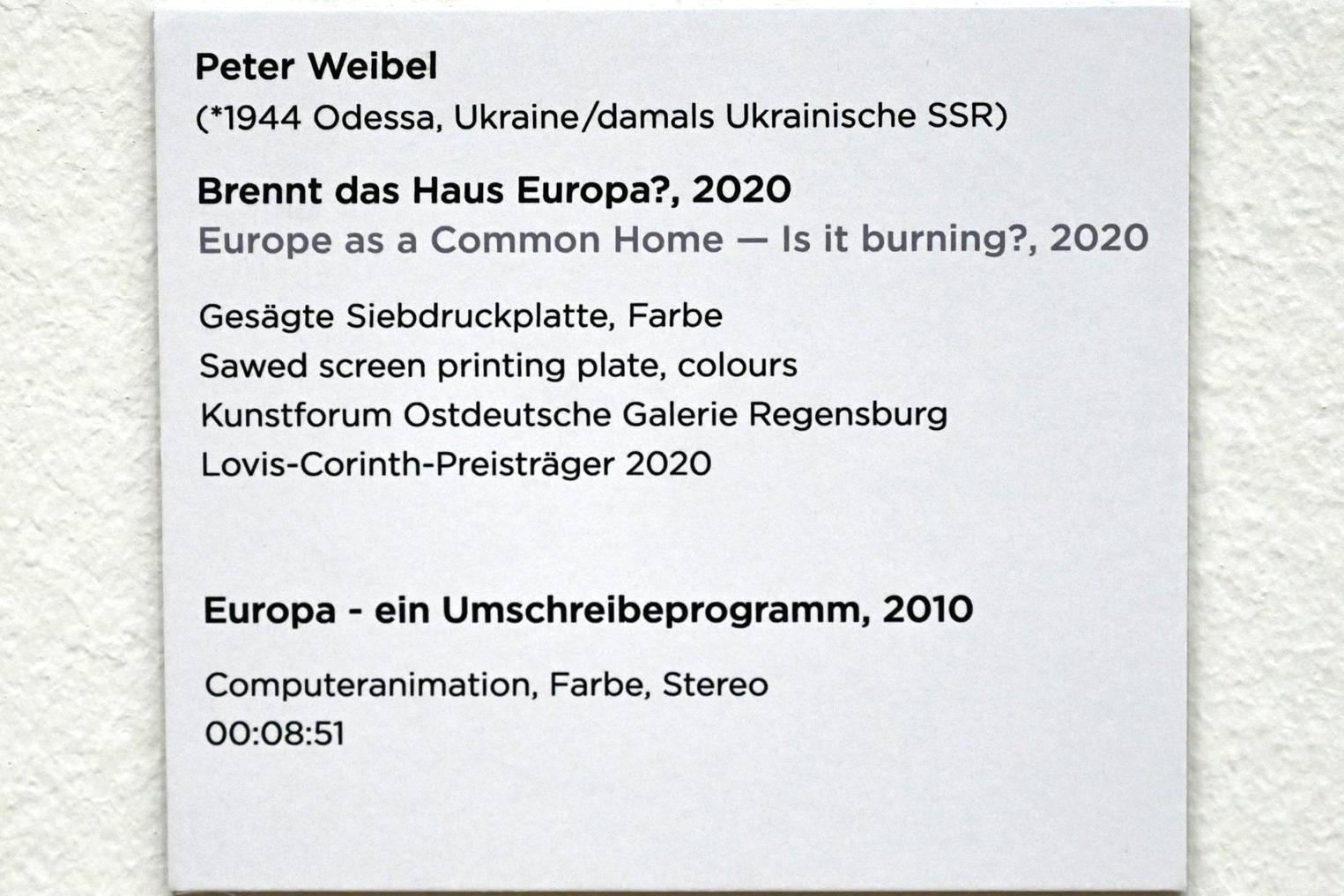 Peter Weibel (2010–2020), Brennt das Haus Europa?, Regensburg, Ostdeutsche Galerie, Rotunde, 2020, Bild 2/2