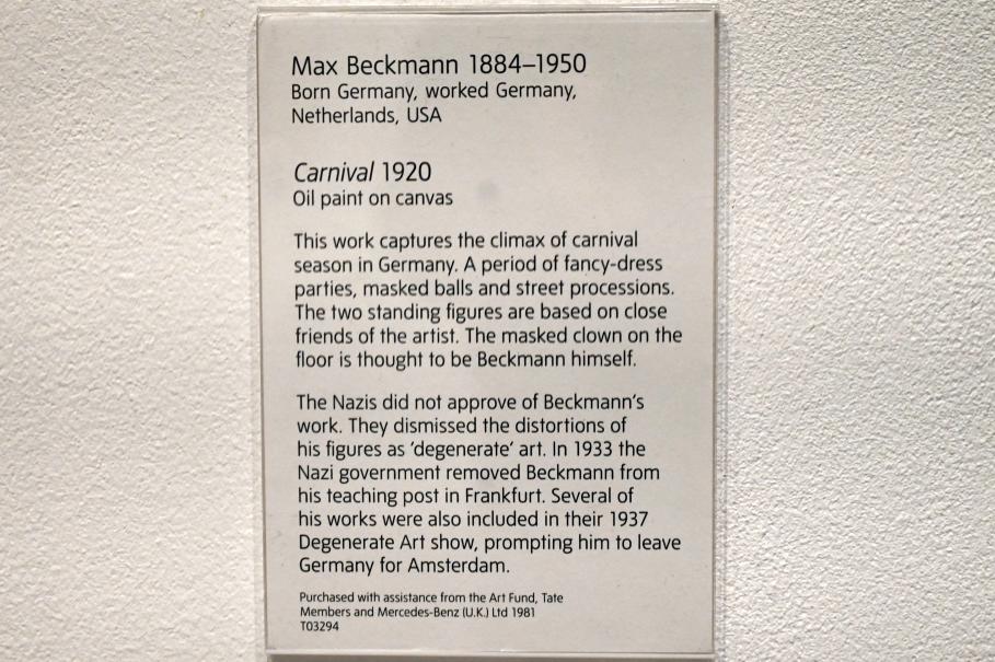 Max Beckmann (1905–1950), Karneval, London, Tate Gallery of Modern Art (Tate Modern), Media Networks 2, 1920, Bild 3/3