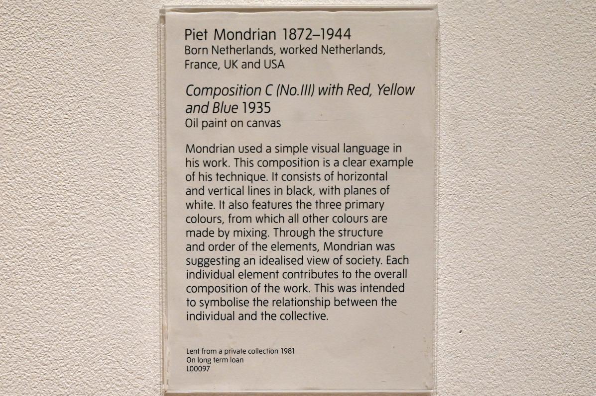 Piet Mondrian (1908–1942), Komposition C (Nr. III) in Rot, Gelb und Blau, London, Tate Gallery of Modern Art (Tate Modern), Artist and Society 2, 1935, Bild 2/2