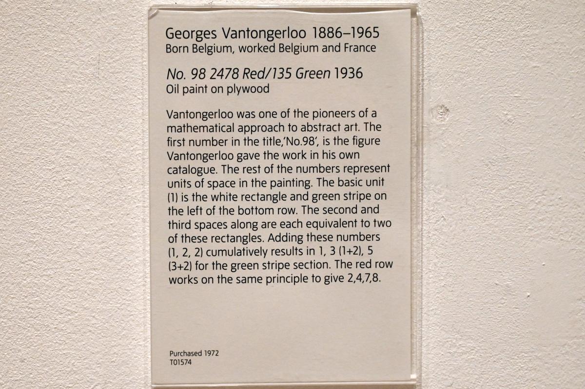 Georges Vantongerloo (1921–1936), Nr. 98 2478 Rot / 135 Grün, London, Tate Gallery of Modern Art (Tate Modern), Artist and Society 2, 1936, Bild 2/2