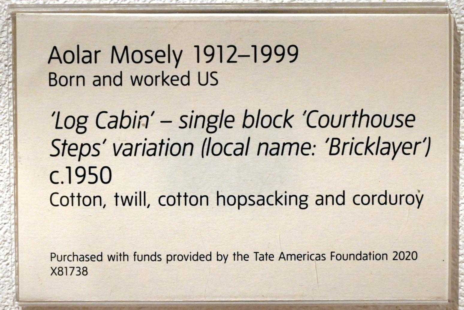 Aolar Mosely (1950), 'Blockhaus' - Einzelblock "Courthouse Steps" -Variante (lokaler Name: "Maurer"), London, Tate Gallery of Modern Art (Tate Modern), In the Studio 12, um 1950, Bild 2/2