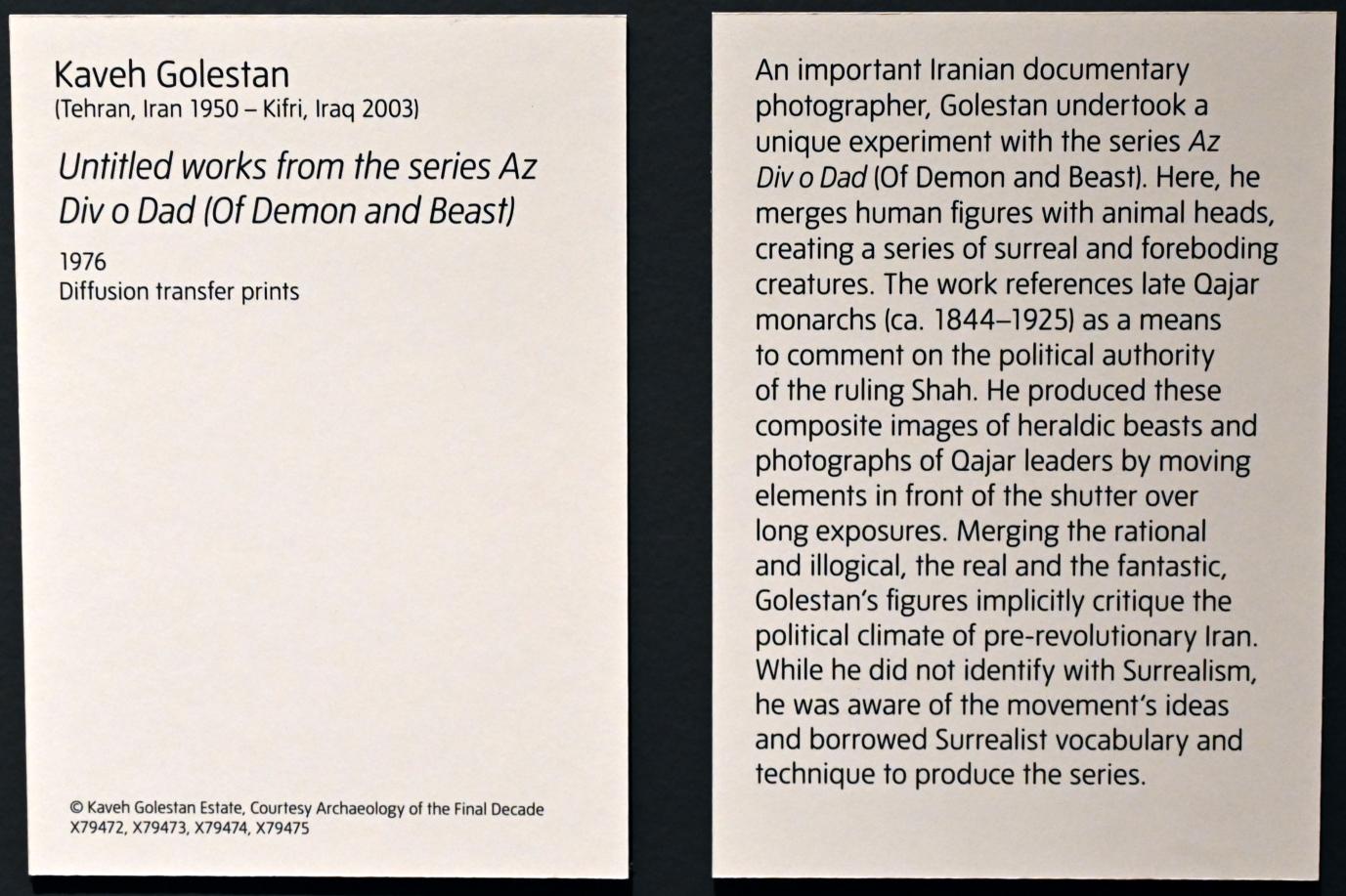 Kaveh Golestan (1976), Arbeiten ohne Titel aus der Serie Az Div o Dad (Von Dämon und Bestie), London, Tate Modern, Ausstellung "Surrealism Beyond Borders" vom 24.02.-29.08.2022, Saal 2, 1976, Bild 2/2