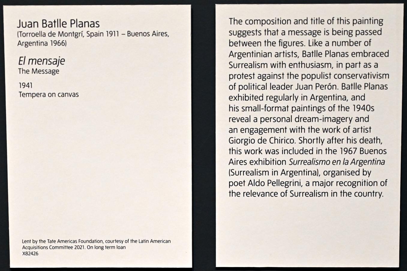 Juan Batlle Planas (1941), Die Nachricht, London, Tate Modern, Ausstellung "Surrealism Beyond Borders" vom 24.02.-29.08.2022, Saal 3, 1941, Bild 2/2