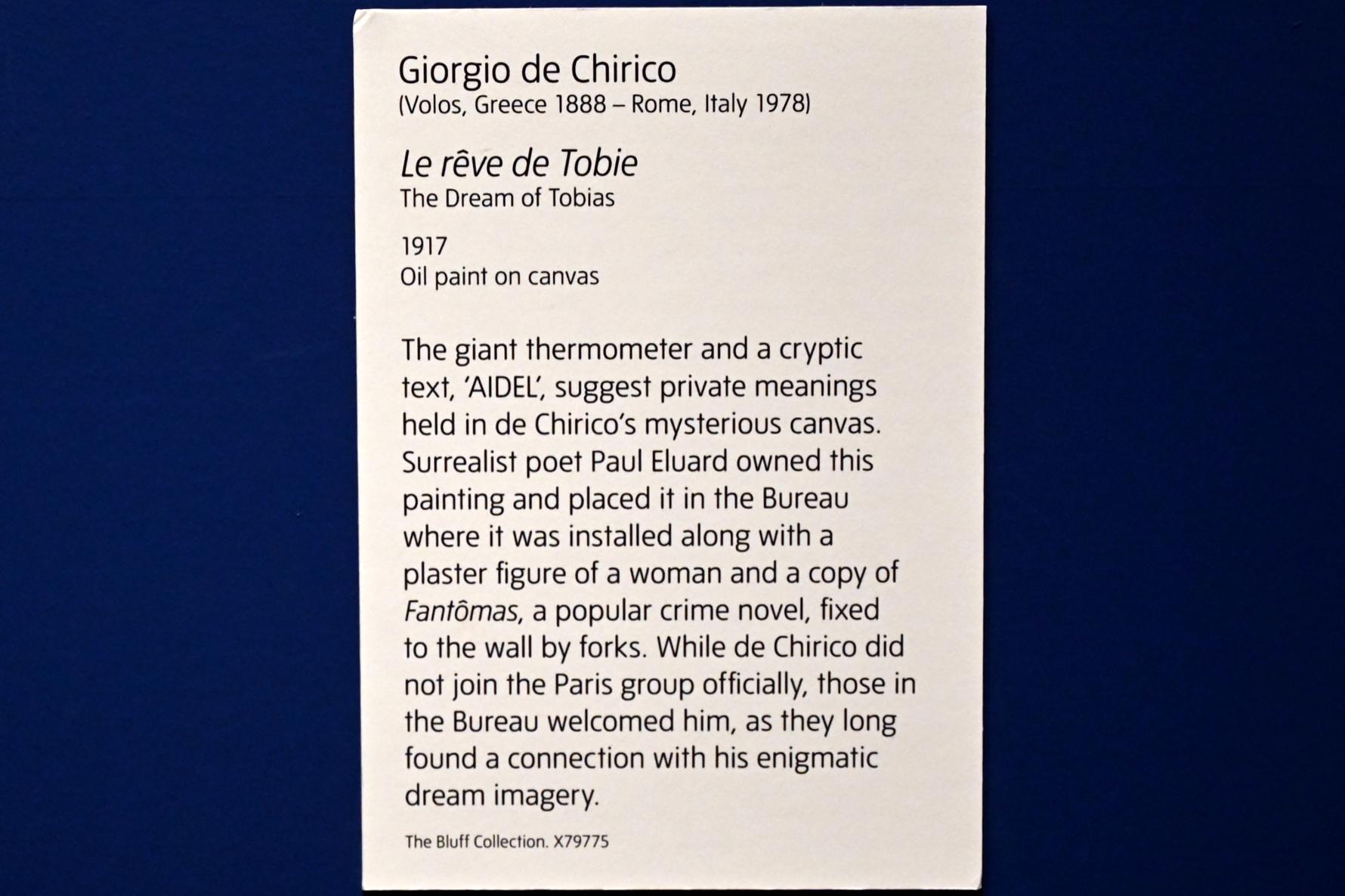 Giorgio de Chirico (1913–1973), Der Traum des Tobias, London, Tate Modern, Ausstellung "Surrealism Beyond Borders" vom 24.02.-29.08.2022, Saal 3, 1917, Bild 2/2