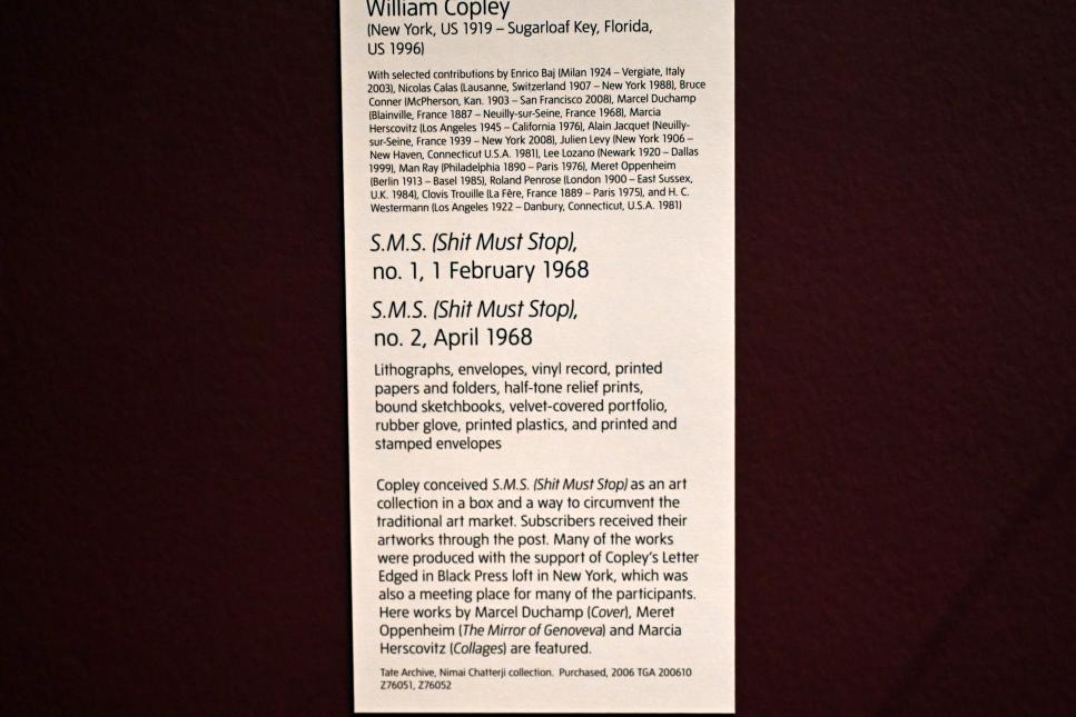 William Copley (1961–1971), S.M.S. (Shit Must Stop), Nr. 1+2, 1. Februar und April 1968, London, Tate Modern, Ausstellung "Surrealism Beyond Borders" vom 24.02.-29.08.2022, Saal 6, 1968, Bild 2/2