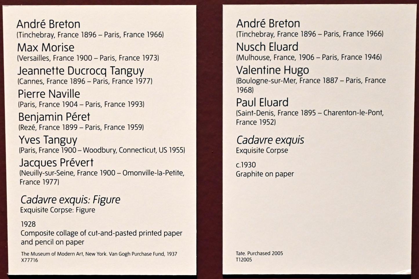 André Breton (1928–1962), Cadavre Exquis (Köstliche Leiche): Figur, London, Tate Modern, Ausstellung "Surrealism Beyond Borders" vom 24.02.-29.08.2022, Saal 6, 1928, Bild 2/2