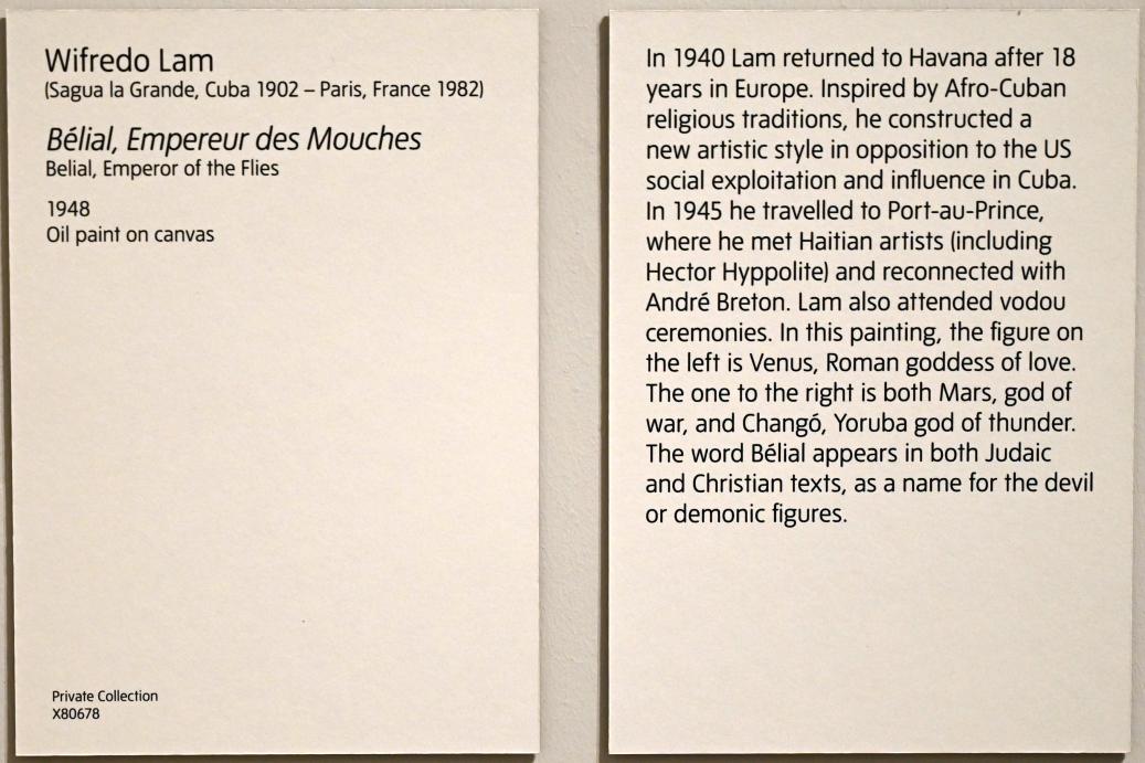 Wifredo Lam (1943–1962), Belial, Herr der Fliegen, London, Tate Modern, Ausstellung "Surrealism Beyond Borders" vom 24.02.-29.08.2022, Saal 7, 1948, Bild 2/2