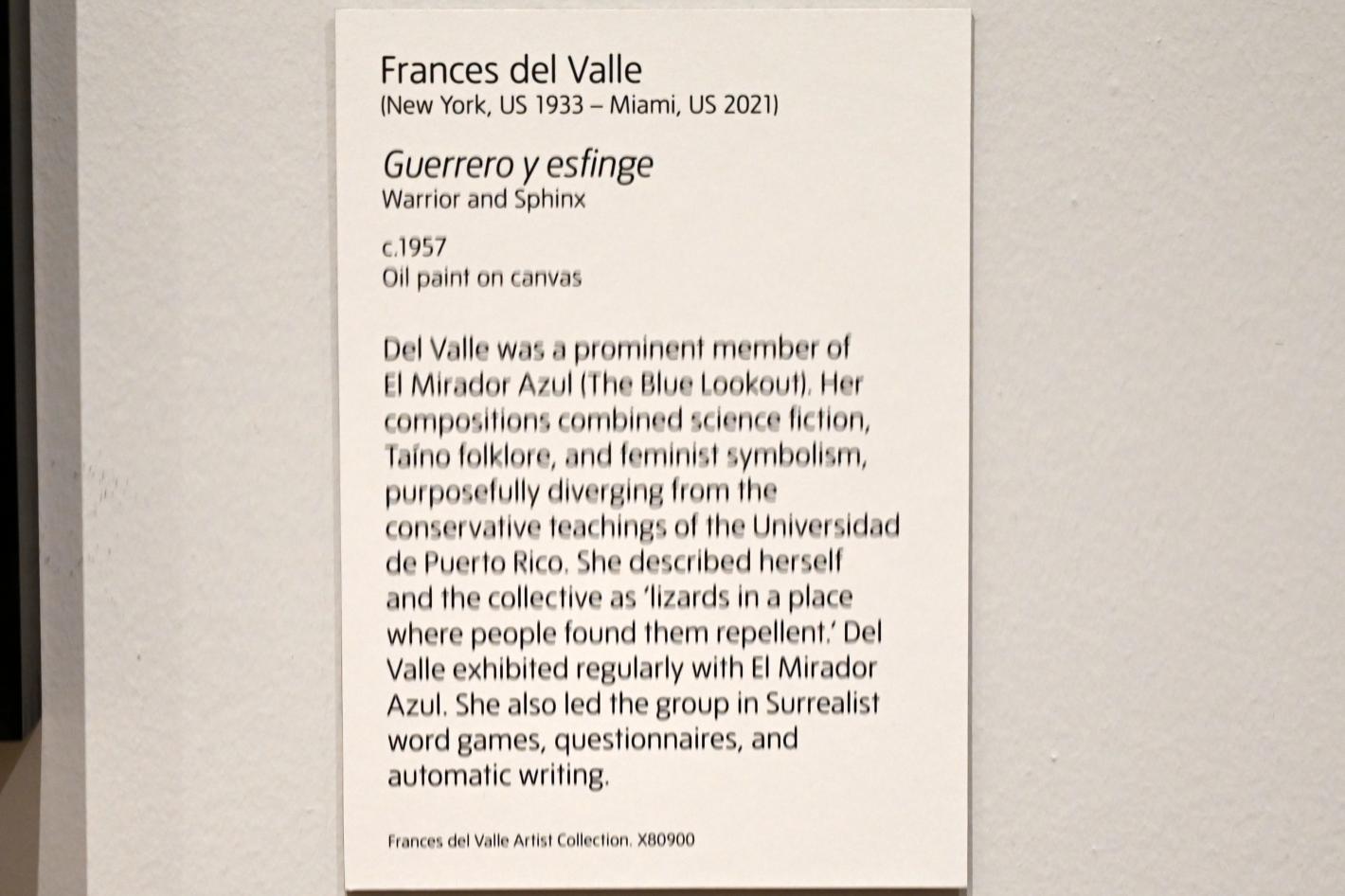 Frances del Valle (1957), Krieger und Sphinx, London, Tate Modern, Ausstellung "Surrealism Beyond Borders" vom 24.02.-29.08.2022, Saal 7, um 1957, Bild 2/2