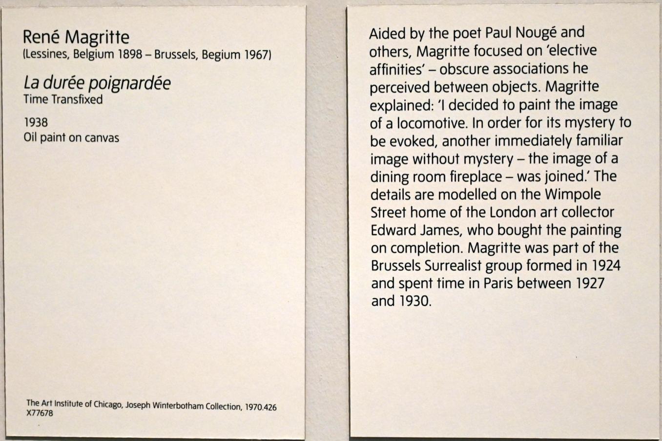 René Magritte (1926–1967), Angepinnte Zeit, London, Tate Modern, Ausstellung "Surrealism Beyond Borders" vom 24.02.-29.08.2022, Saal 9, 1938, Bild 2/2
