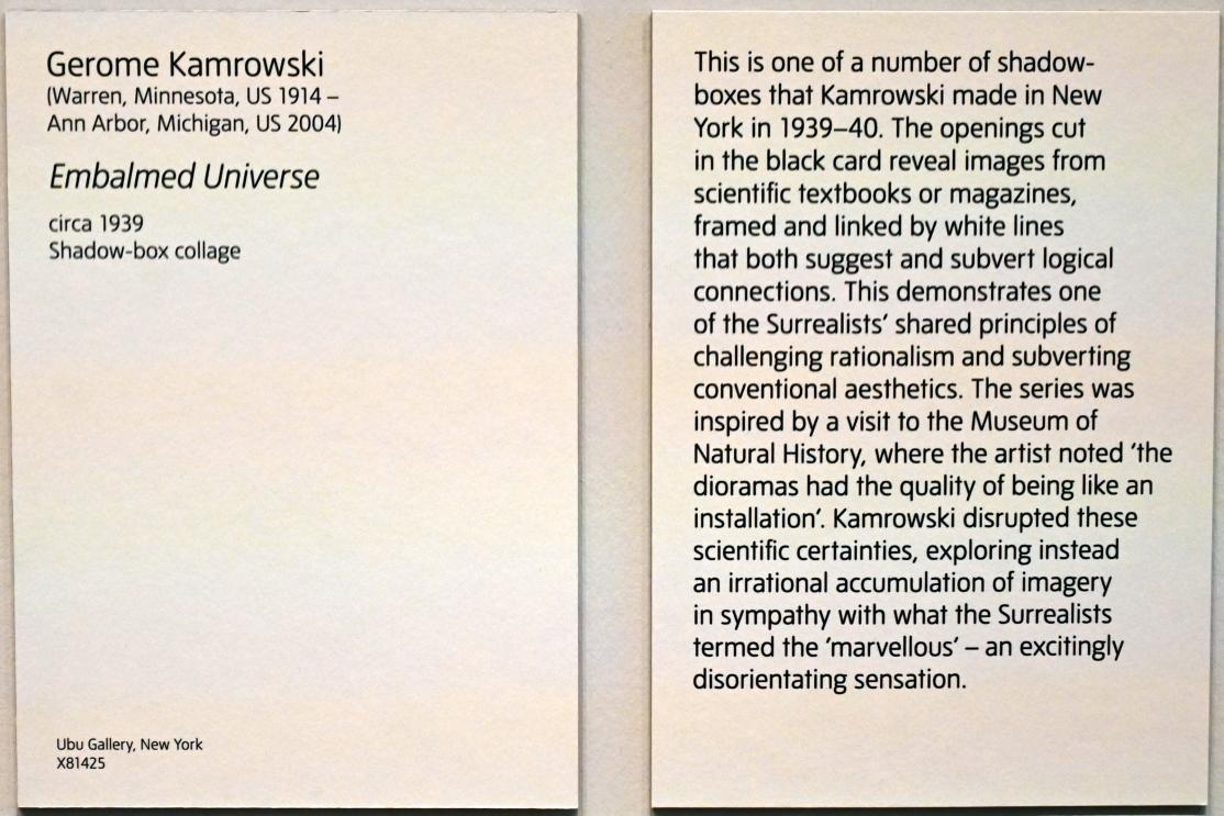 Gerome Kamrowski (1939), Einbalsamiertes Universum, London, Tate Modern, Ausstellung "Surrealism Beyond Borders" vom 24.02.-29.08.2022, Saal 9, um 1939, Bild 2/2