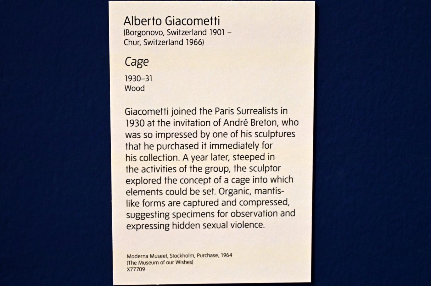Alberto Giacometti (1914–1965), Käfig, London, Tate Modern, Ausstellung "Surrealism Beyond Borders" vom 24.02.-29.08.2022, Saal 9, 1930–1931, Bild 5/5