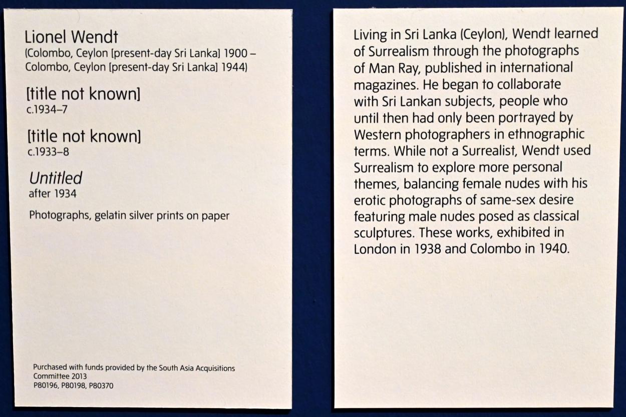 Lionel Wendt (1935), [Titel unbekannt], London, Tate Modern, Ausstellung "Surrealism Beyond Borders" vom 24.02.-29.08.2022, Saal 9, um 1934–1937, Bild 2/2