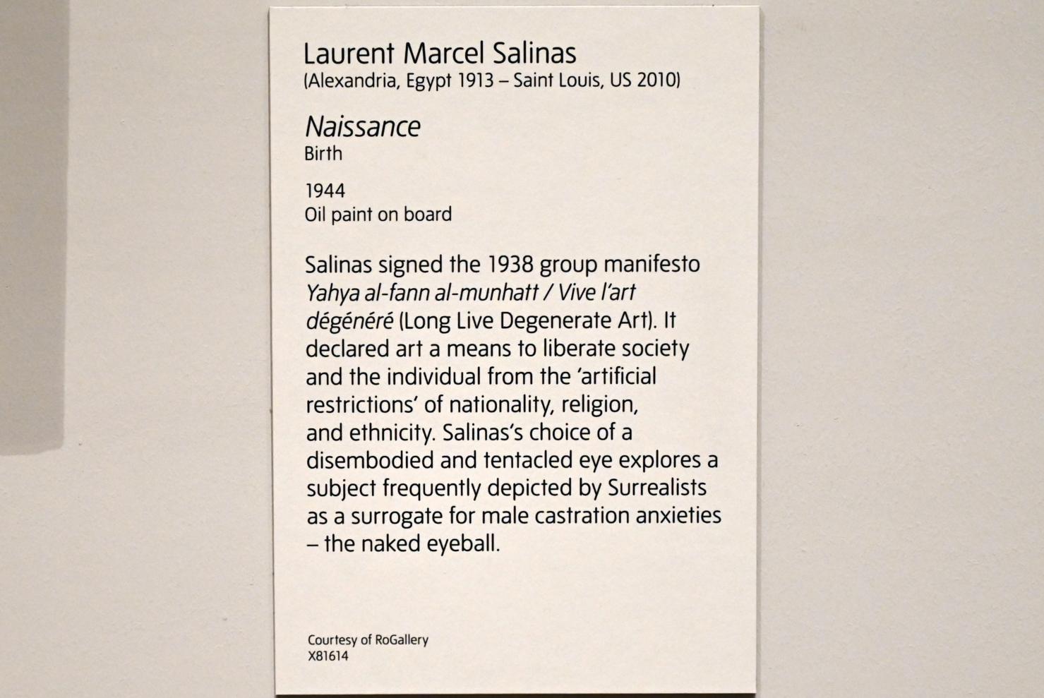 Laurent Marcel Salinas (1944), Geburt, London, Tate Modern, Ausstellung "Surrealism Beyond Borders" vom 24.02.-29.08.2022, Saal 10, 1944, Bild 2/2