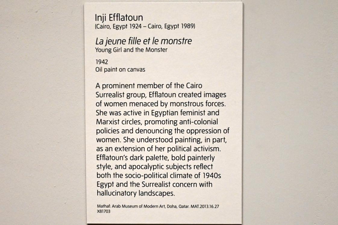 Inji Efflatoun (1942), Das Mädchen und das Monster, London, Tate Modern, Ausstellung "Surrealism Beyond Borders" vom 24.02.-29.08.2022, Saal 10, 1942, Bild 2/2
