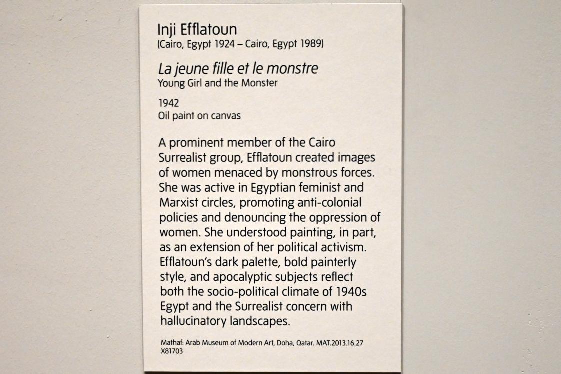 Inji Efflatoun (1942), Das Mädchen und das Monster, London, Tate Modern, Ausstellung "Surrealism Beyond Borders" vom 24.02.-29.08.2022, Saal 10, 1942, Bild 2/2